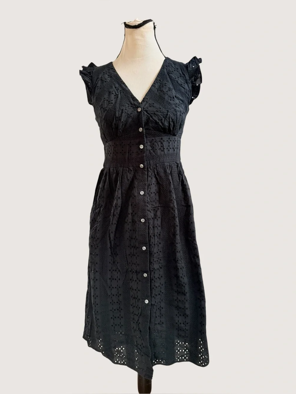 J Crew black lace eyelet button up midi dress